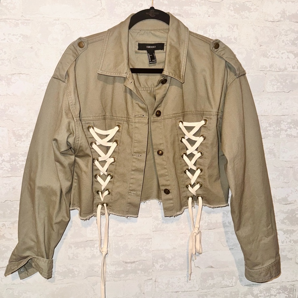 Olive Green Cropped Utility Jacket with Lace-Up Detail